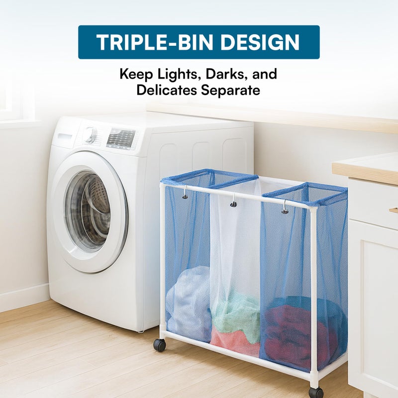 Honey Can Do Honey-Can-Do HMP-01629 3 bag mesh laundry sorter, 30.5" x 15.3" x 30" , Blue/White - Image 3